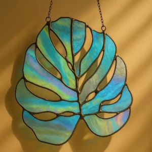 Stained Glass Monstera Leaf Suncatcher – Tropical Green Plant Decor