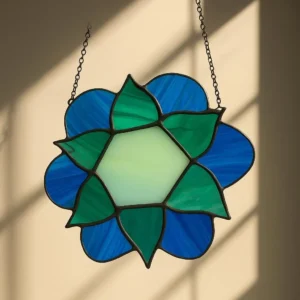 Handmade Iridescent Stained Glass Mandala Suncatcher – Green & Blue Window Decor