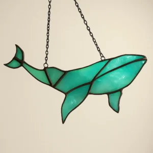 Blue Iridescent Stained Glass Whale – Handmade Nautical Window Art