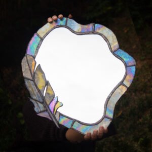 Handmade Stained Glass Feather Mirror – Iridescent Boho Wall Art & Custom Home Décor